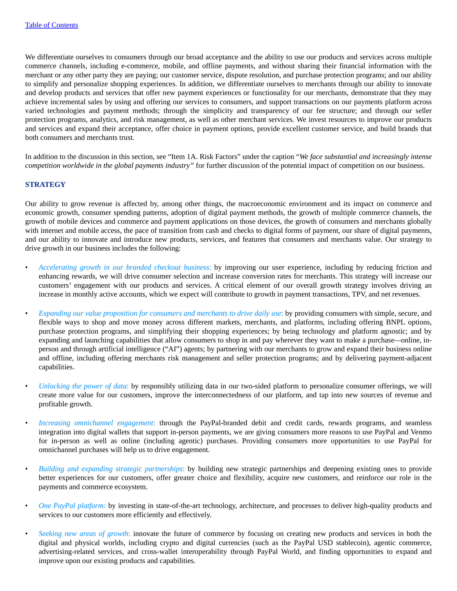 The seven growth priorities — from accelerating branded checkout to crypto, the PayPal USD stablecoin, and agentic commerce.